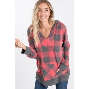 NWT!! Red & Gray Plaid V-Neck Hooded Top